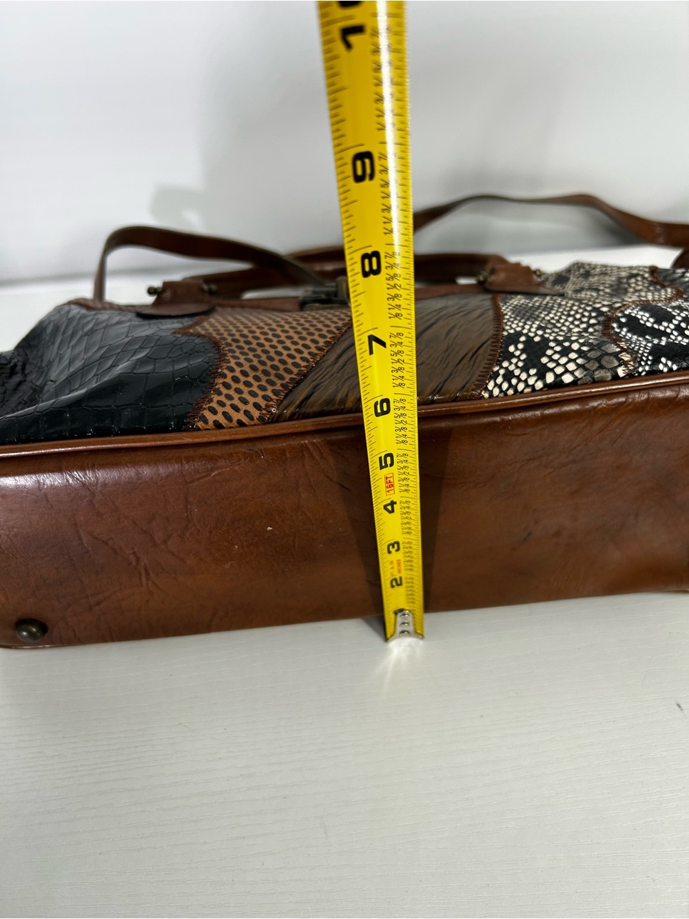 Vtg Leather Patchwork Doctor Bag Satchel Korea Made Croc Beautiful Design - Picture 12 of 16
